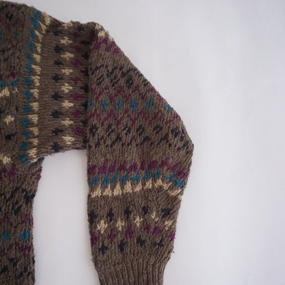 VTG Eddie Bauer Brown Cotton Knit Fair Isle Cabincore Eclectic Grandpa Sweater L - Picture 9 of 10